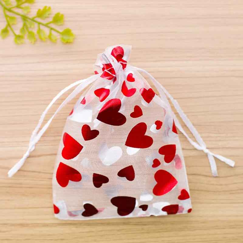 5pcs Heart Organza Drawstring Bag