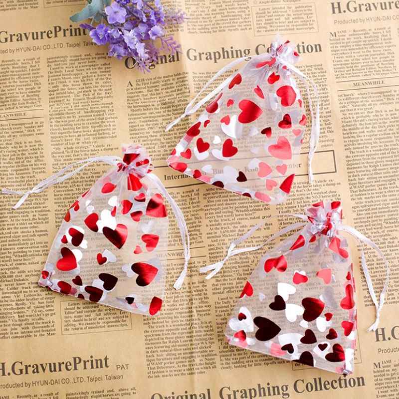 5pcs Heart Organza Drawstring Bag